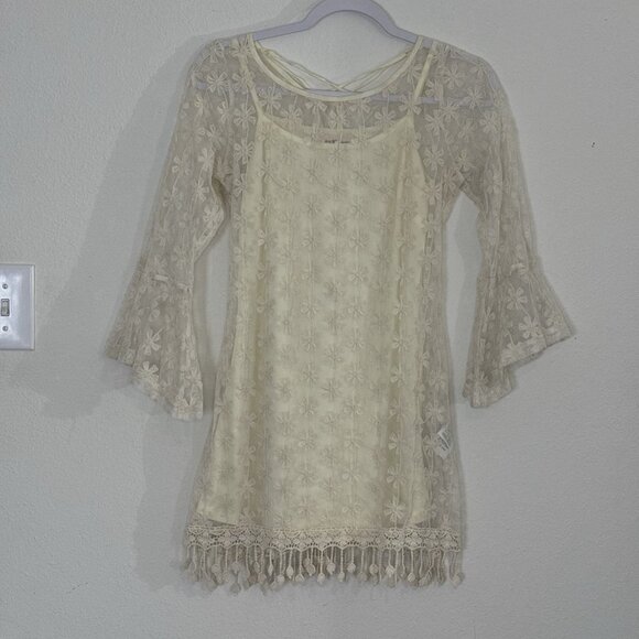 Altar'd State X A’reve Lace Dress Small Floral Embroidered Ivory Fringe Sheer - Picture 1 of 9